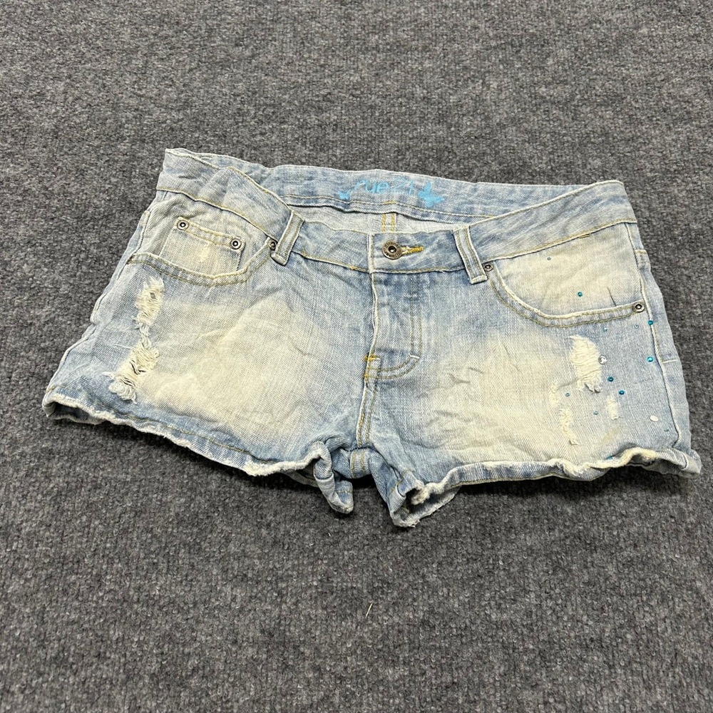 rue21 Denim Shorts Womens Size 3/4 Light Wash Distressed Rhinestone Y2K Low Rise